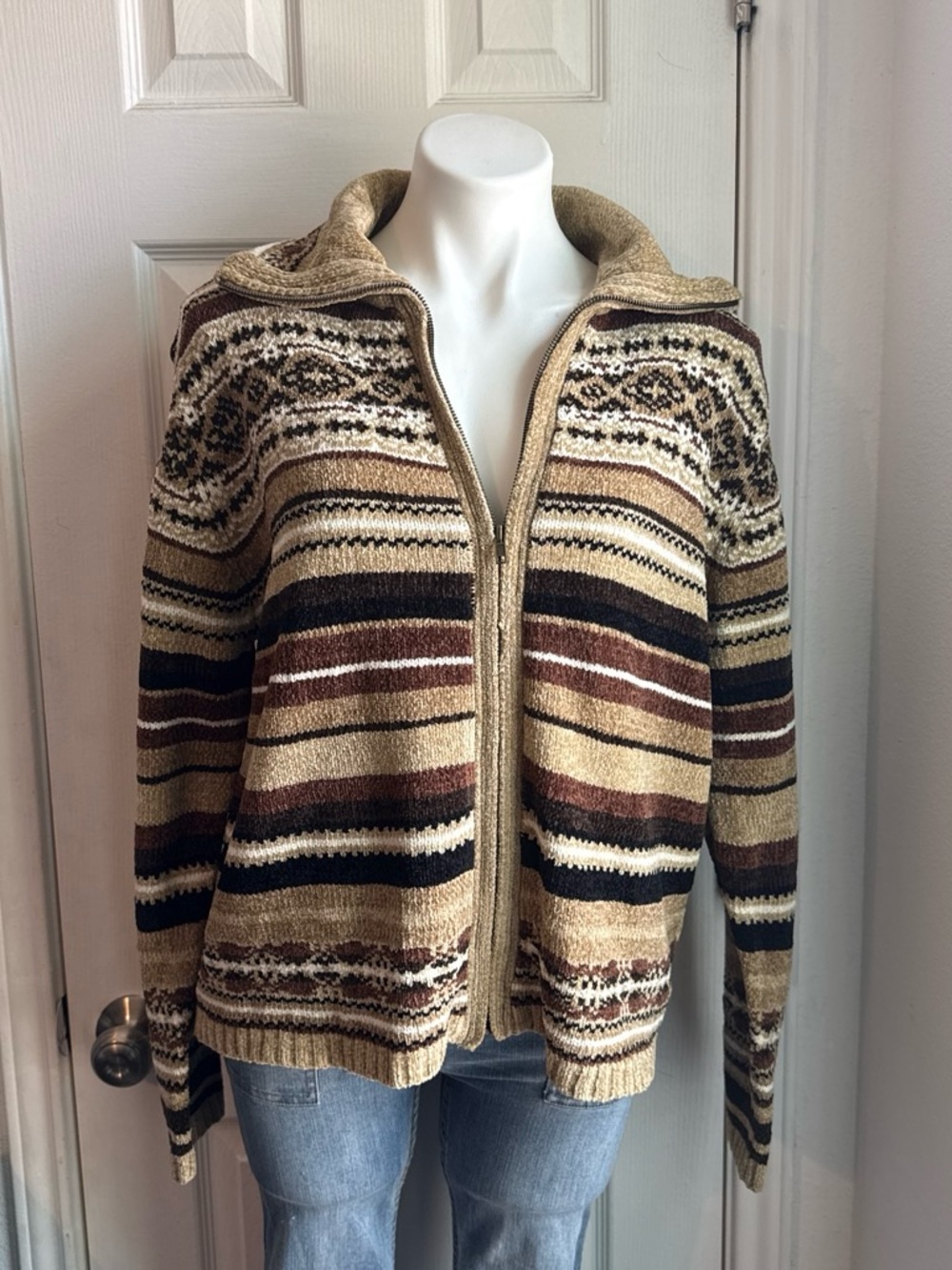Erika Striped Zip-Up Cardigan in Beige, Brown and Black
